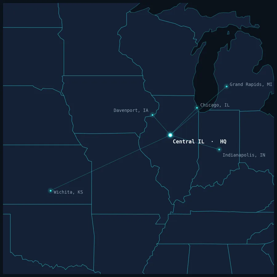 Map of the Midwest showing Hamilton Solutions Group's Central Illinois headquarters with service markets in Chicago, Wichita, Indianapolis, Davenport, and Grand Rapids.